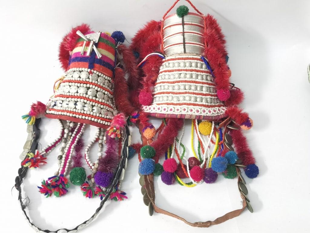 (2) Vintage Southeast Akha Hill Tribe Hats: (2) Vintage Southeast Akha Hill Tribe Hats