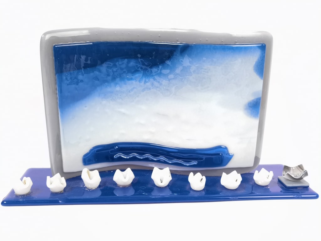 2022 Vintage Signed Blue Fused Glass Menorah (1 of 6)