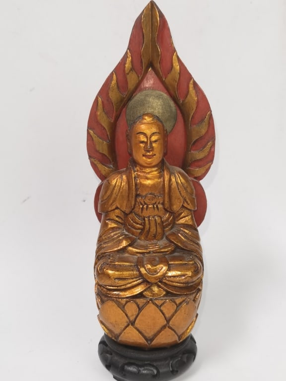 19th C. Chinese Gilt Wood Carved Buddha: 19th C. Chinese Gilt Wood Carved Buddha, 10in