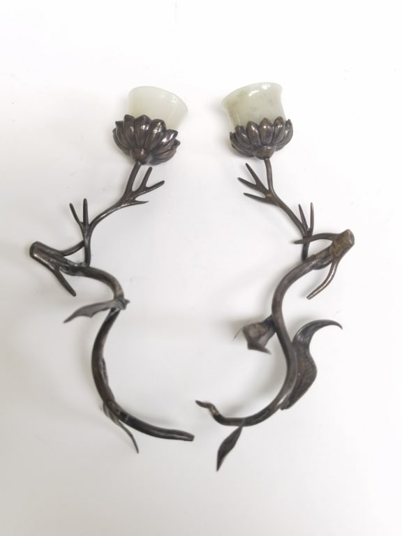 Pr. of Jade Inlay Silver Candlesticks: Pr. of Jade Inlay Silver Candlesticks, 6.75in by 7 7/8in