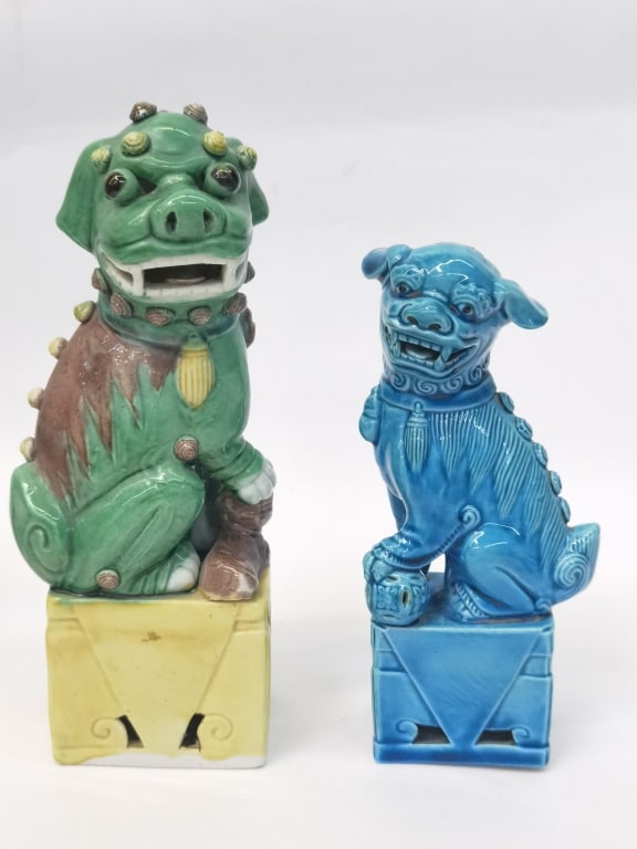 Antique Chinese Porcelain Sancai and Peacock Blue: Antique Chinese Porcelain Sancai and Peacock Blue Glaze Lions, 8.25in