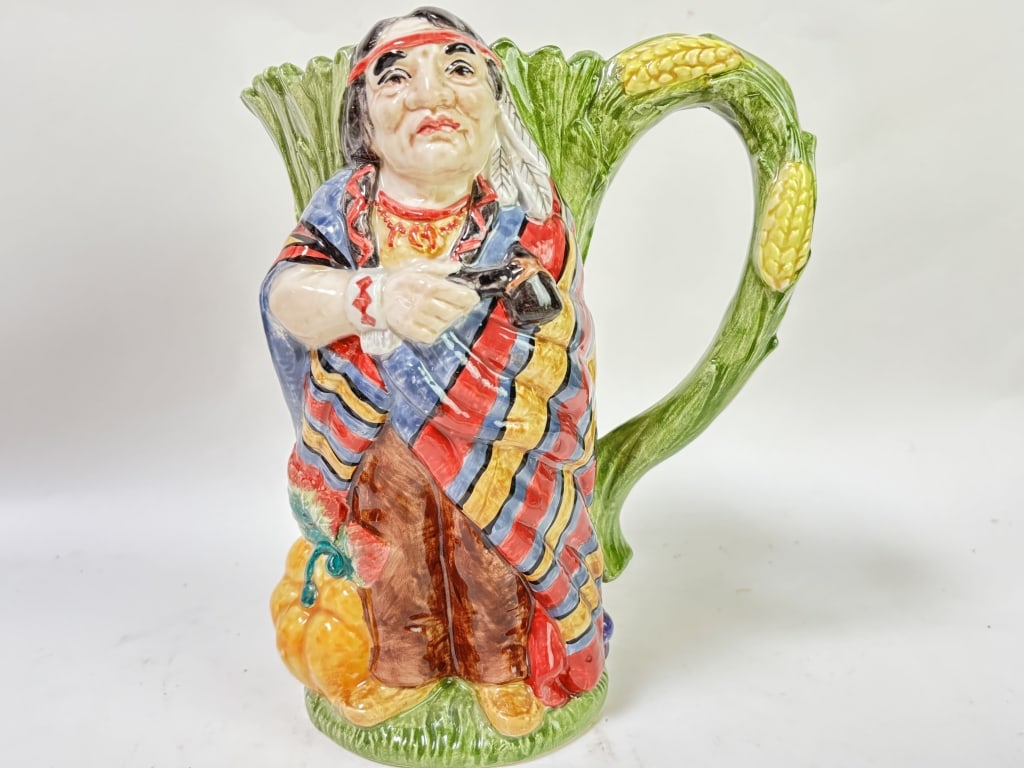 1993 Fitz & Floyd Porcelain Indian Chief Water Pit: 1993 Fitz & Floyd Porcelain Indian Chief Water Pitcher, 9in by 7.5in