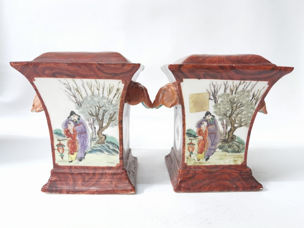 Pr. of 19-20th C. Chinese Porcelain Faux Wood Glaz: Pr. of 19-20th C. Chinese Porcelain Faux Wood Glaze Vases, 6 5/8in by 5 5/8in by 5.75in