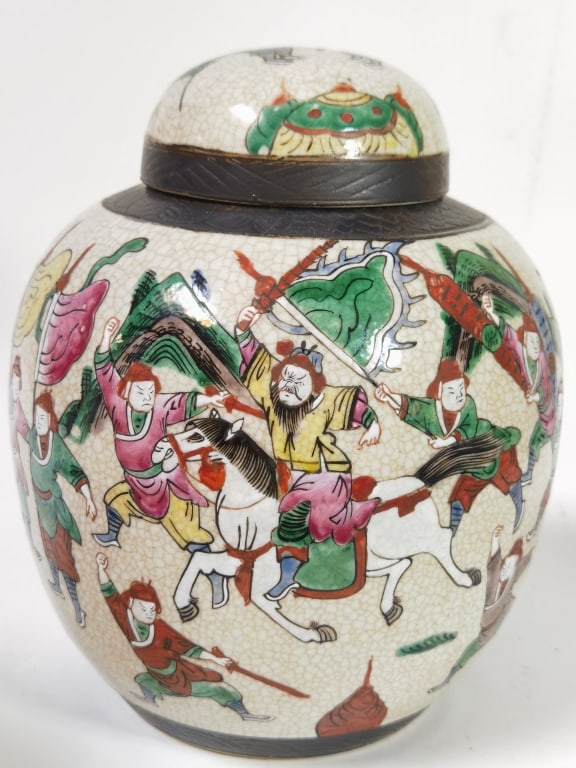 Qing Chinese Porcelain Faux Ge Glaze Wucai Jar: Qing Chinese Porcelain Faux Ge Glaze Wucai Jar, 10in