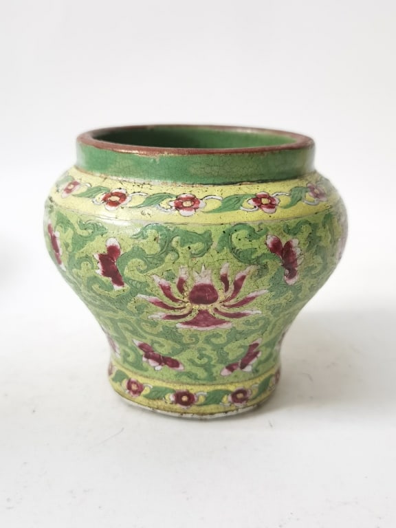 19th C. Chinese Enamel over YiXing ZiSha Jar: 19th C. Chinese Enamel over YiXing ZiSha Jar, 3 7/8in by 4.25in