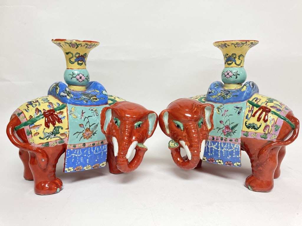 Pr. of 19th C. Chinese Porcelain Famille Rose Elep: Pr. of 19th C. Chinese Porcelain Famille Rose Elephants, 8 5/8in by 8.5in