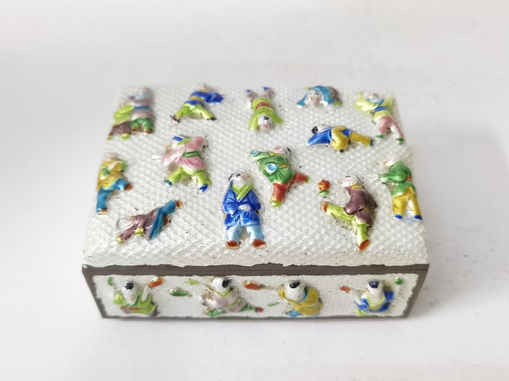 19-20th C. Chinese Enamel over Metal Jewelry Box: 19-20th C. Chinese Enamel over Metal "Children's Play" Jewelry Box, 4.5in by 3.5in