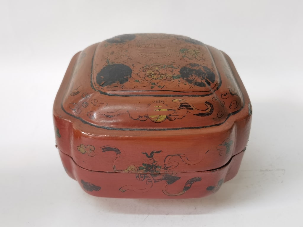 19th C. Chinese Painted Red Lacquer over Wood Box (1 of 9)