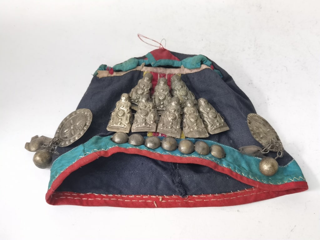 19-20th C. Chinese Embroidered Children's Hat with: 19-20th C. Chinese Embroidered Children's Hat with Silver Decors, 8.25in by 5.5in