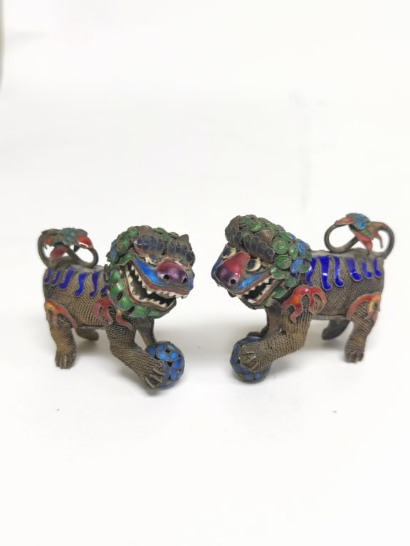 Pr. of 19-20th C. Chinese Enamel over Silver Lions: Pr. of 19-20th C. Chinese Enamel over Silver Lions, 2.5in by 2.75in
