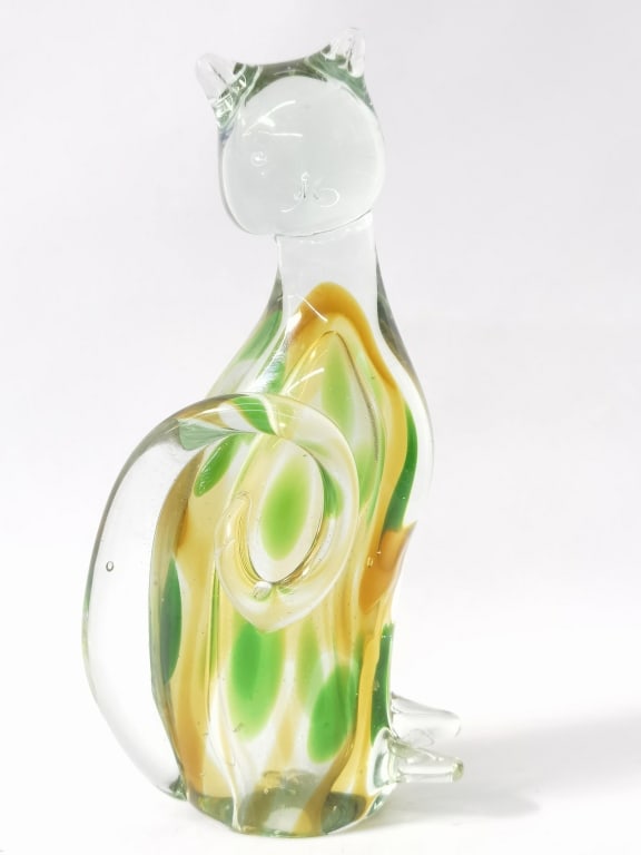 Vintage Murano Italy Green and Amber Art Glass Cat: Vintage Murano Italy Green and Amber Art Glass Cat, 9in