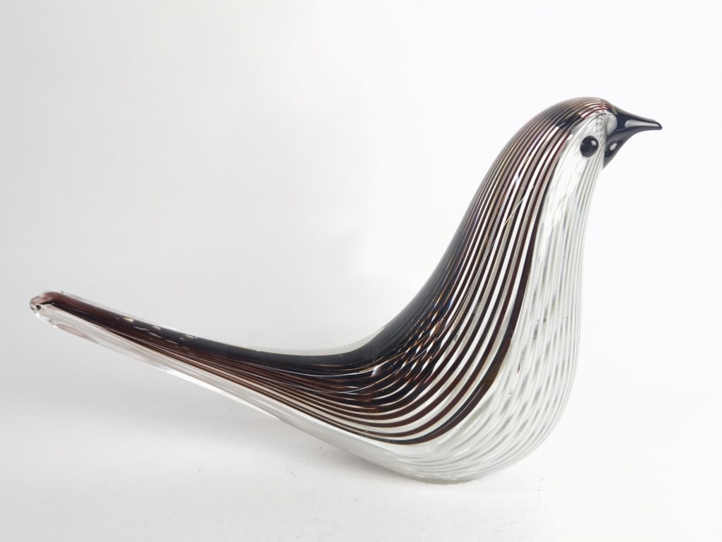Vintage Murano Italy Amethyst/White Stripe Art Gla: Vintage Murano Italy Amethyst/White Stripe Art Glass Bird, 11in by 6.25in