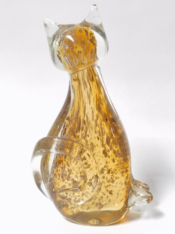 Vintage Murano Italy Glitter Splatter Amber GlassC: Vintage Murano Italy Glitter Splatter Amber Glass Cat, 8in