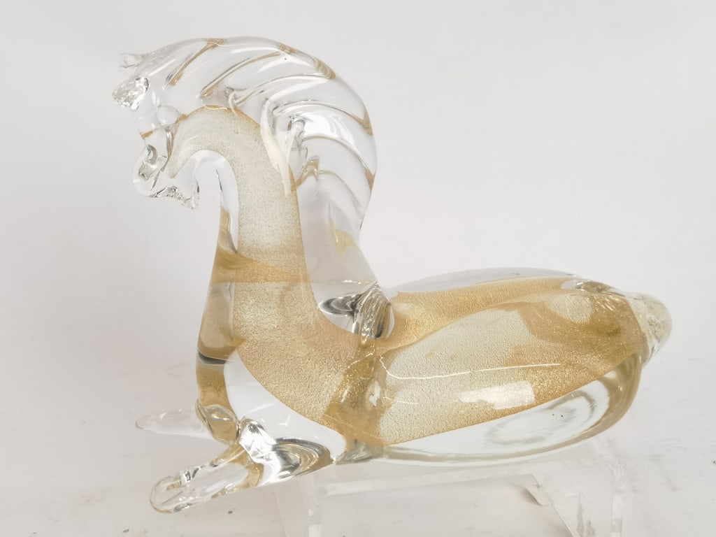Vintage Murano Italy Gold Glitter Art Glass Horse: Vintage Murano Italy Gold Glitter Art Glass Horse, 6in by 4in