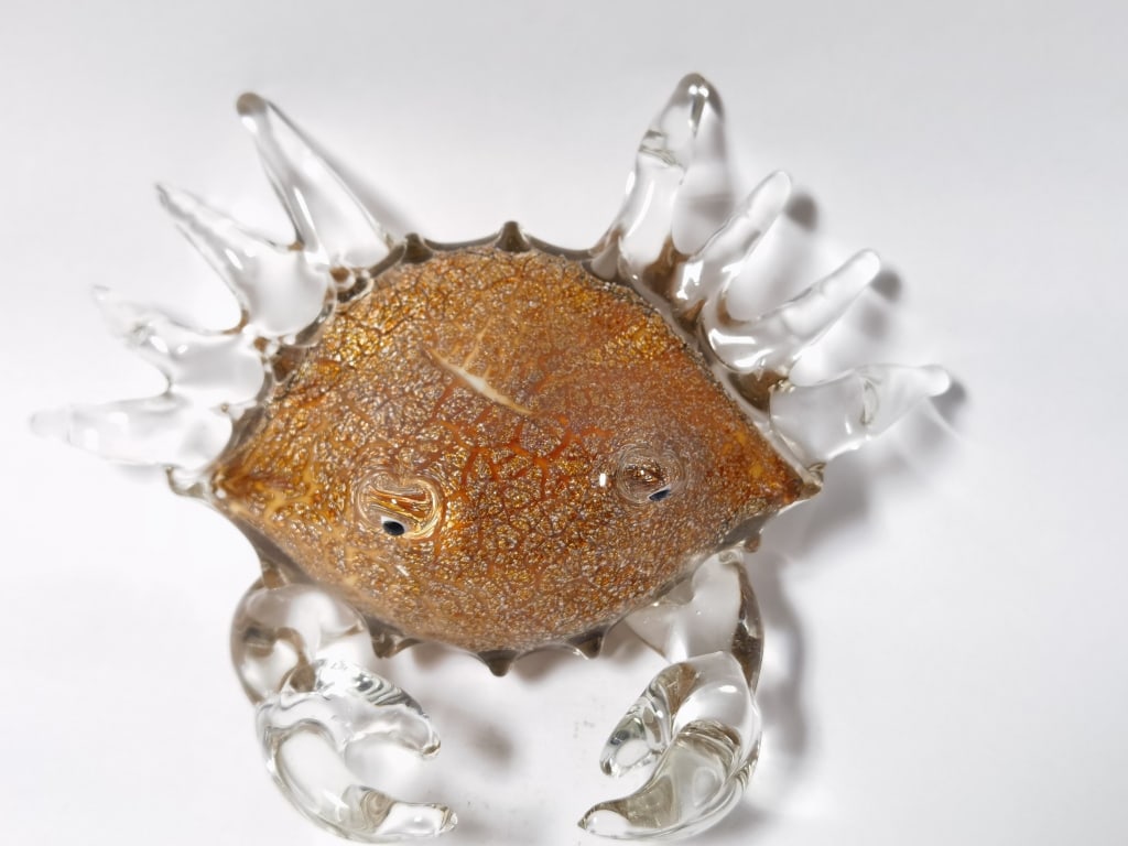 Vintage Murano Italy Glitter Amber Art Glass Crab: Vintage Murano Italy Glitter Amber Art Glass Crab, 9in by 7in by 3in