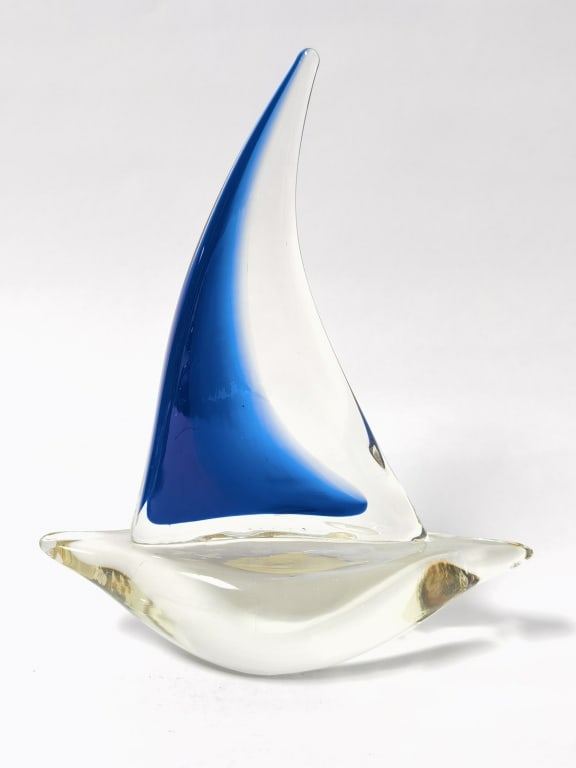 Vintage Murano Italy Blue Art Glass Sailboat: Vintage Murano Italy Blue Art Glass Sailboat, 8.5in