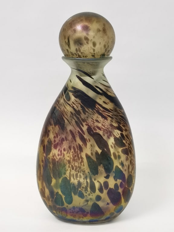 1974 Signed Loren Chapman Iridescent Art Glass Dec: 1974 Signed Loren Chapman Iridescent Art Glass Decanter, 12.75in