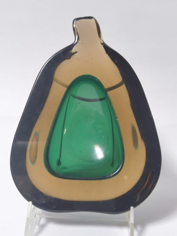 Vintage Murano Italy Smokey Brown/Green Glass Pear: Vintage Murano Italy Smokey Brown/Green Glass Pear Ashtray, 7.75in