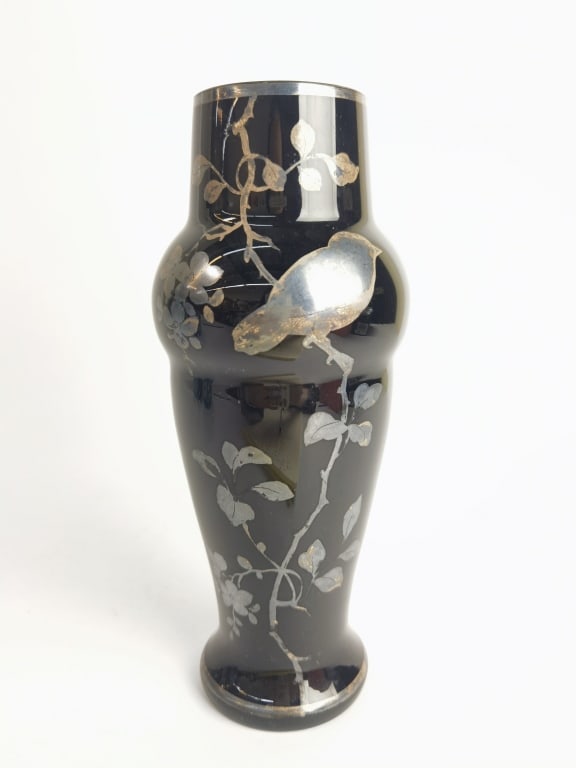 Vintage Czechslovakia Silver Overlay Amethyst Glas: Vintage Czechslovakia Silver Overlay Amethyst Glass Vase, 8 7/8in