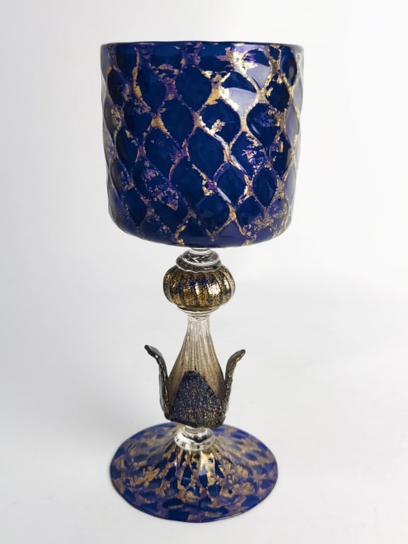 Vintage Murano Italy Gilt Cobalt Blue Glass Wine G: Vintage Murano Italy Gilt Cobalt Blue Glass Wine Glass, 8 1/8in by 3.25in