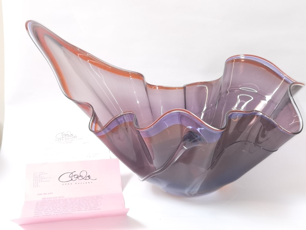 1995 Large Susan Anne Amethyst Art Glass Handkerch: 1995 Large Susan Anne Amethyst Art Glass Handkerchief Centerpiece, 25in by 19in by 15in