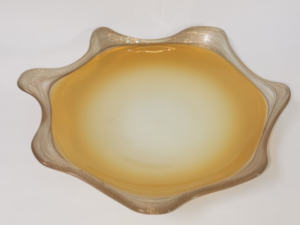 Vintage Murano italy Glitter Rim Amber Art Glass B: Vintage Murano italy Glitter Rim Amber Art Glass Bowl, 17.5in by 3in