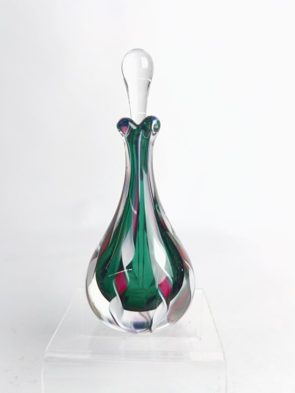 1996 Mary Angus Latticino Green Art Glass Perfume: 1996 Mary Angus Latticino Green Art Glass Perfume Bottle, 5 1/8in