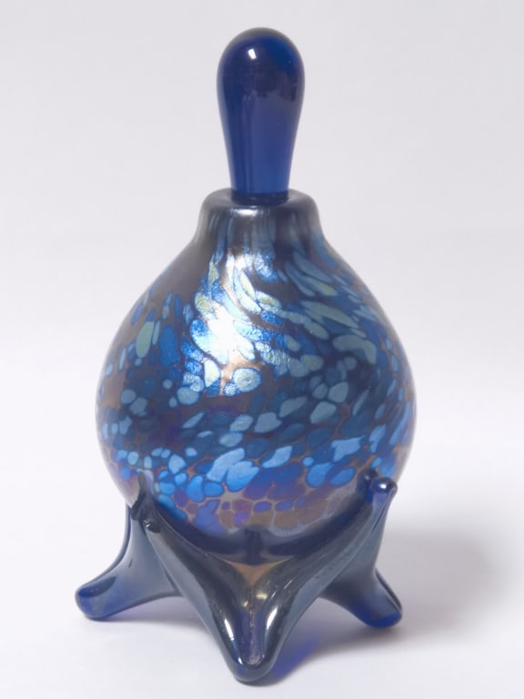 1992 Signed Iridescent Blue Art Glass Perfume Bott (1 of 5)