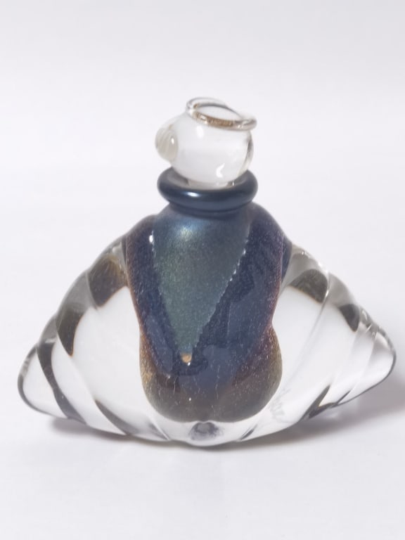 1986 Signed Clear Overcast Iridescent Art Glass Pe: 1986 Signed Clear Overcast Iridescent Art Glass Perfume Bottle, 3in