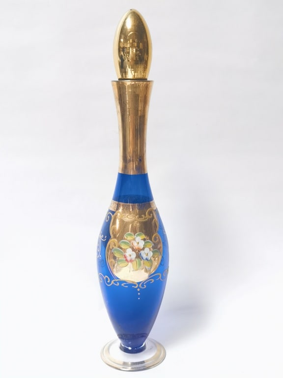 Vintage Murano Italy Gilt Hand Painted Cobalt Blue: Vintage Murano Italy Gilt Hand Painted Cobalt Blue Glass Decanter, 15.5in