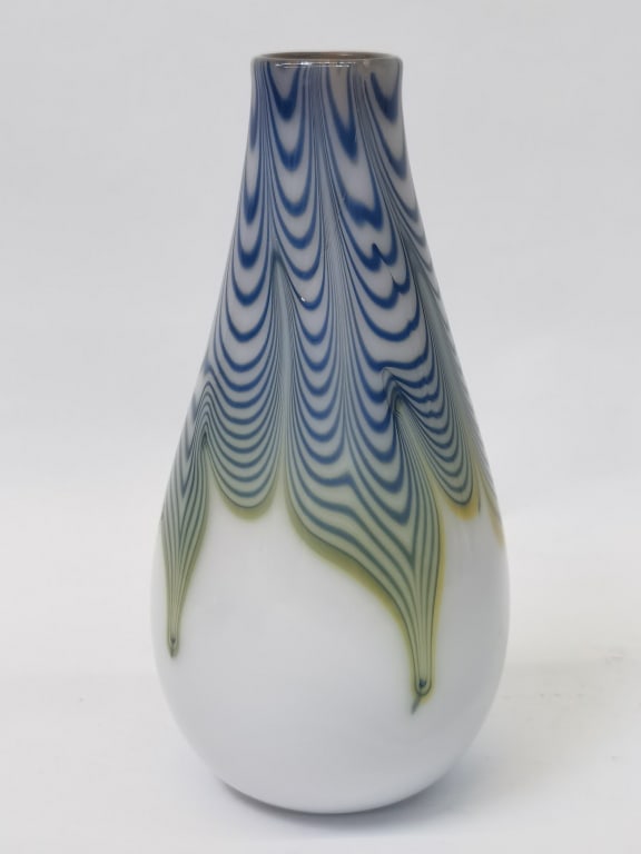 Vintage Blue Pulled Feather White Art Glass Vase (1 of 4)