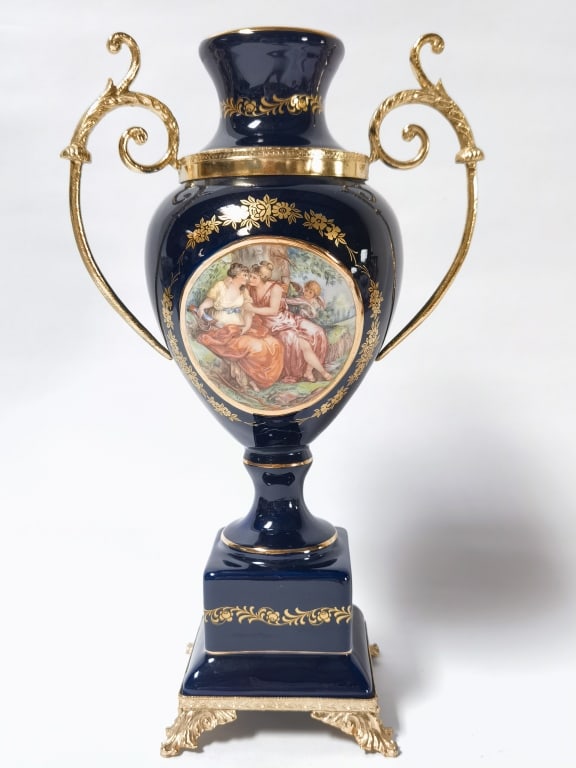 Vintage Kobalt Stile Sevres Porcelain Vase: Vintage Kobalt Stile Sevres Porcelain Vase, 13in