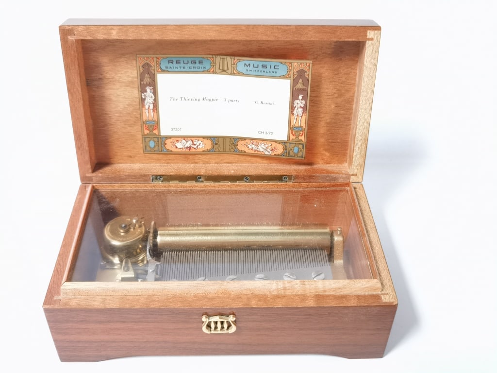 Vintage Reuge Music "The Thieving Magpie" Music Bo: Vintage Reuge Music "The Thieving Magpie" Music Box, 8in by 4in by 3in, Not in Working Condition