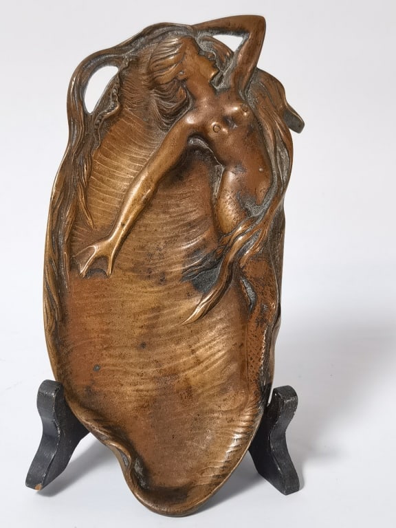 Antique Art Nouveau Nude Maiden Trinket Dish: Antique Art Nouveau Nude Maiden Trinket Dish, 7.5in