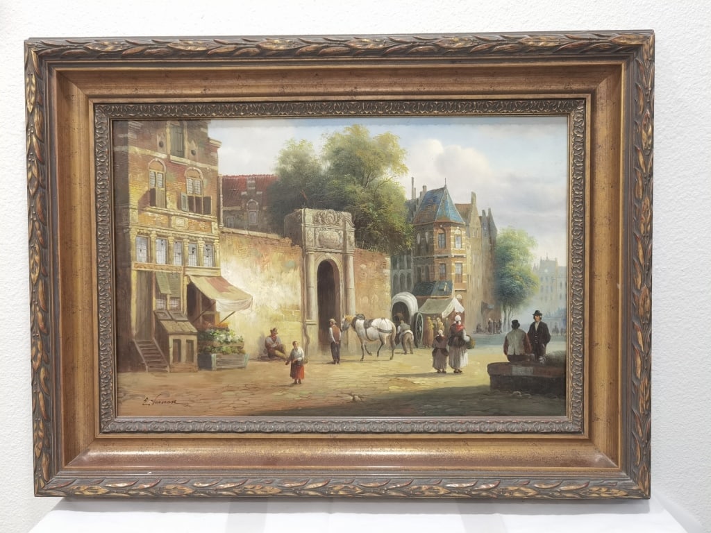 Antique E. Vernon Street Scene Oil Painting on Can: Antique E. Vernon Street Scene Oil Painting on Canvas, 32in by 24in