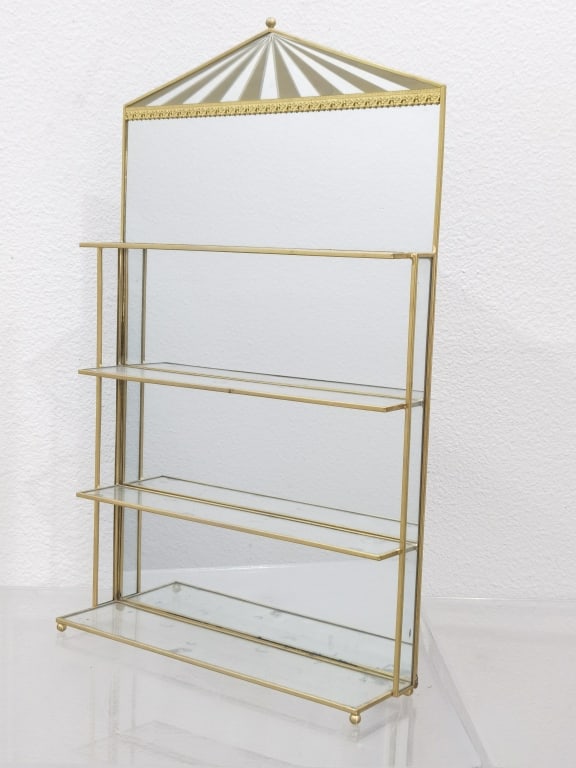Vintage Brass Frame Mirrored Curio Stand: Vintage Brass Frame Mirrored Curio Stand, 23in by 14in by 3.5in