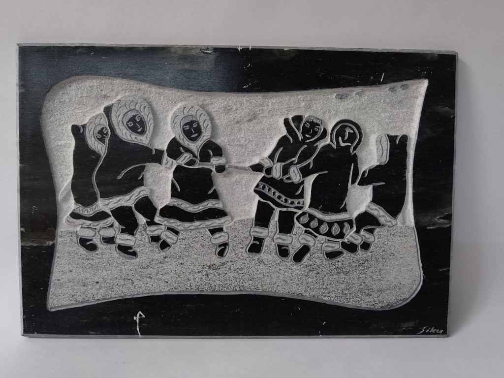 Vintage Signed Siku Soapstone Eskimo Carved Plaque: Vintage Signed Siku Soapstone Eskimo Carved Plaque, 12in by 8in