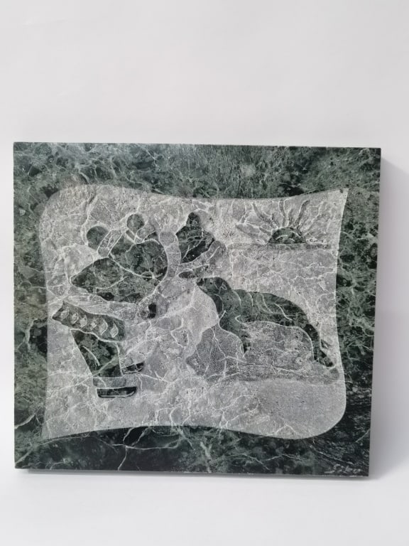 Vintage Signed Siku Soapstone Eskimo Carved Plaque: Vintage Signed Siku Soapstone Eskimo Carved Plaque, 11in by 10in