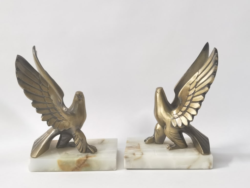 Pr. of Vintage Brass Eagle Onyx Base Book Ends: Pr. of Vintage Brass Eagle Onyx Base Book Ends, 6.75in by 5in