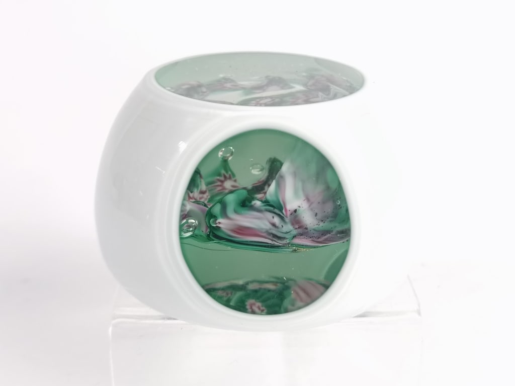 Vintage Camer Glass Millefiori Cased Green Art Gla: Vintage Camer Glass Millefiori Cased Green Art Glass Paperweight, 2in by 3 1/8in