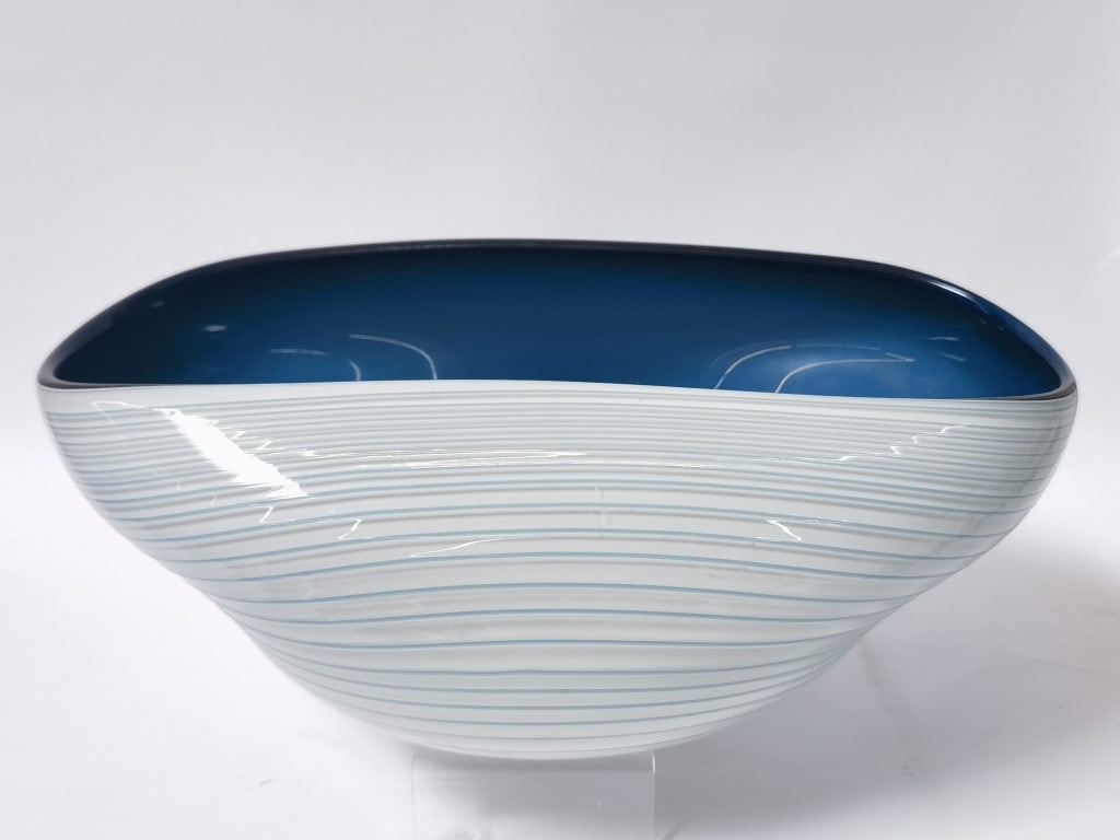 Vintage Murano Italy White Overcast Blue Art Glass: Vintage Murano Italy White Overcast Blue Art Glass Bowl, 12.75in by 5in