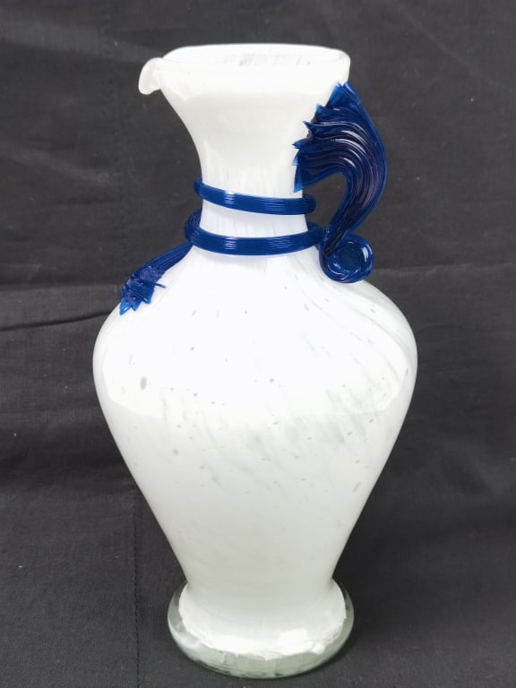 Vintage Murano Style White Art Glass Vase with Blu: Vintage Murano Style White Art Glass Vase with Blue Handle, 8in