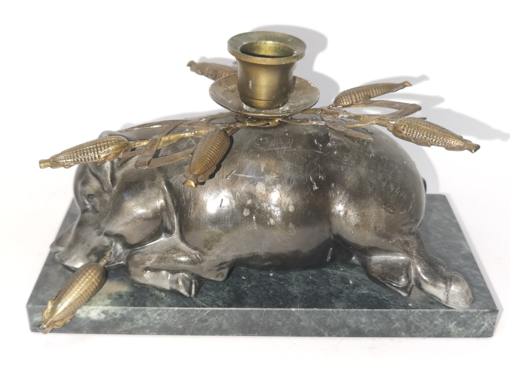 Vintage Petites Choses Bronze Pig Candle Holder: Vintage Petites Choses Bronze Pig Candle Holder, 8in by 5in