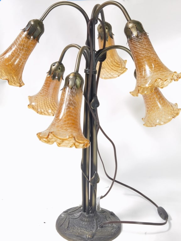 Vintage Tiffany Style Amber Glass Lily Lamp: Vintage Tiffany Style Amber Glass Lily Lamp, 25.5in by 21in