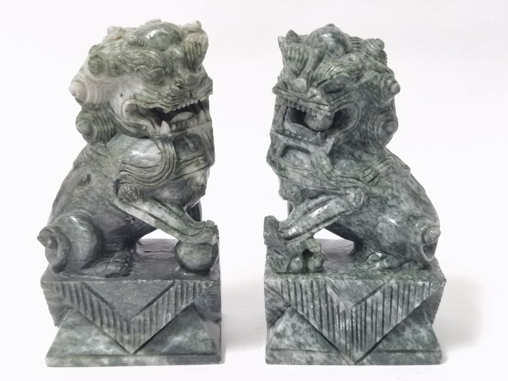 Pr. of Chinese Jade Carved Lions: Pr. of Chinese Jade Carved Lions, 6in