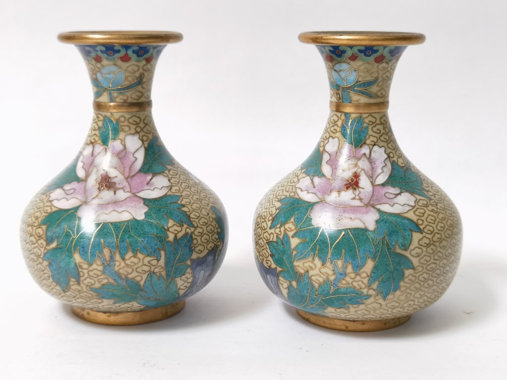 Pr. of Chinese Cloisonne Floral Vases (1 of 4)