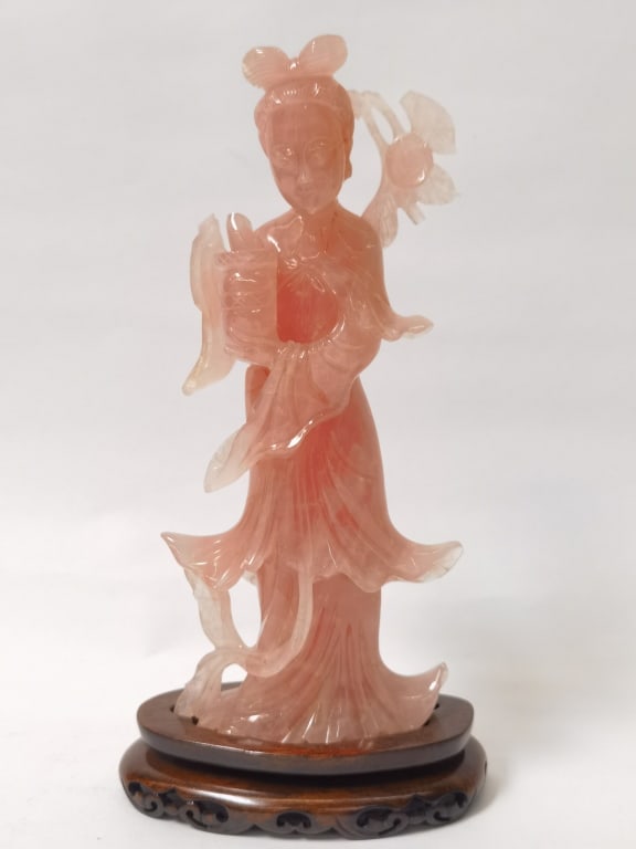 Chinese Pink Quartz Carved Maiden: Chinese Pink Quartz Carved Maiden, 11in