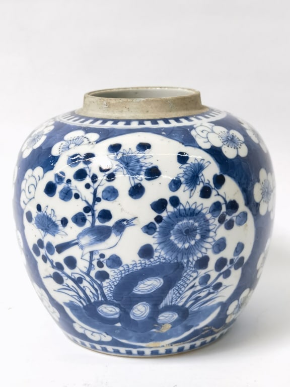 19th C. Chinese Porcelain B&W Bird and Flowers Jar: 19th C. Chinese Porcelain B&W Bird and Flowers Jar, 7.5in by 6.5in