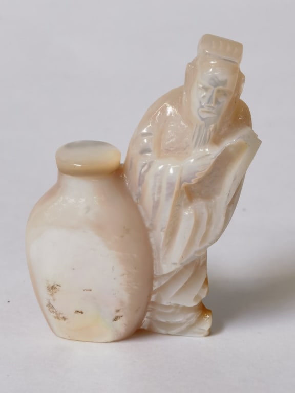 Chinese Mother-of-Pearl Carved Figurine Snuff Bott: Chinese Mother-of-Pearl Carved Figurine Snuff Bottle, 2.25in