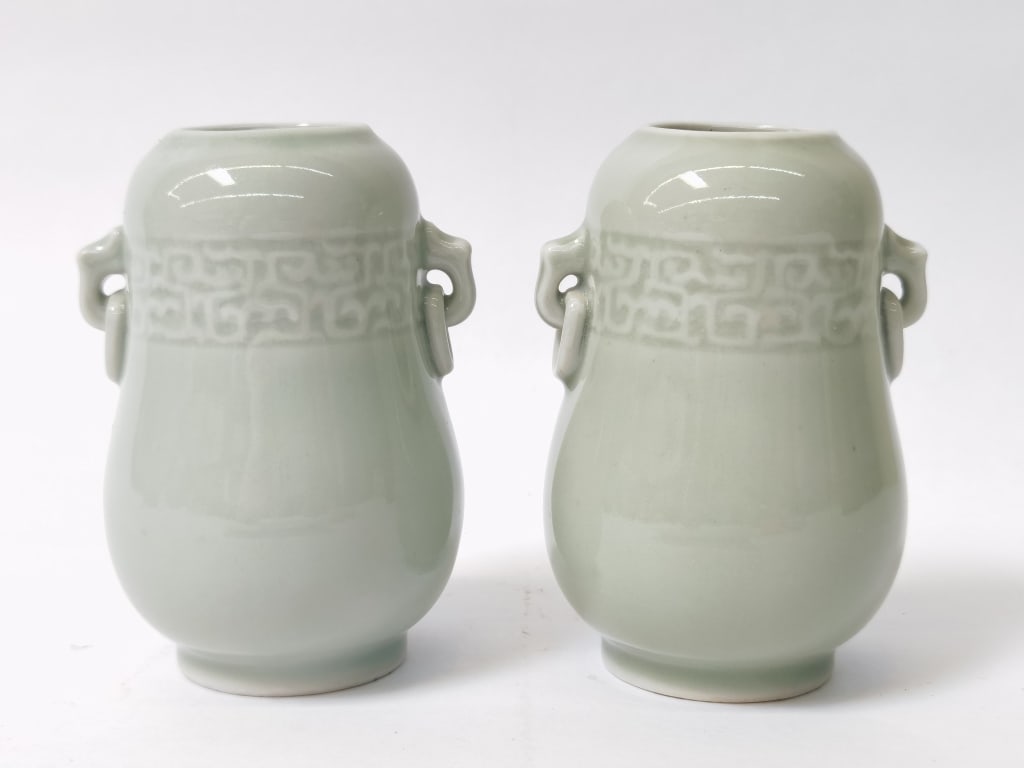 Pr. of Chinese Porcelain Pea Glaze Zun Vases: Pr. of Chinese Porcelain Pea Glaze Zun Vases, 4in